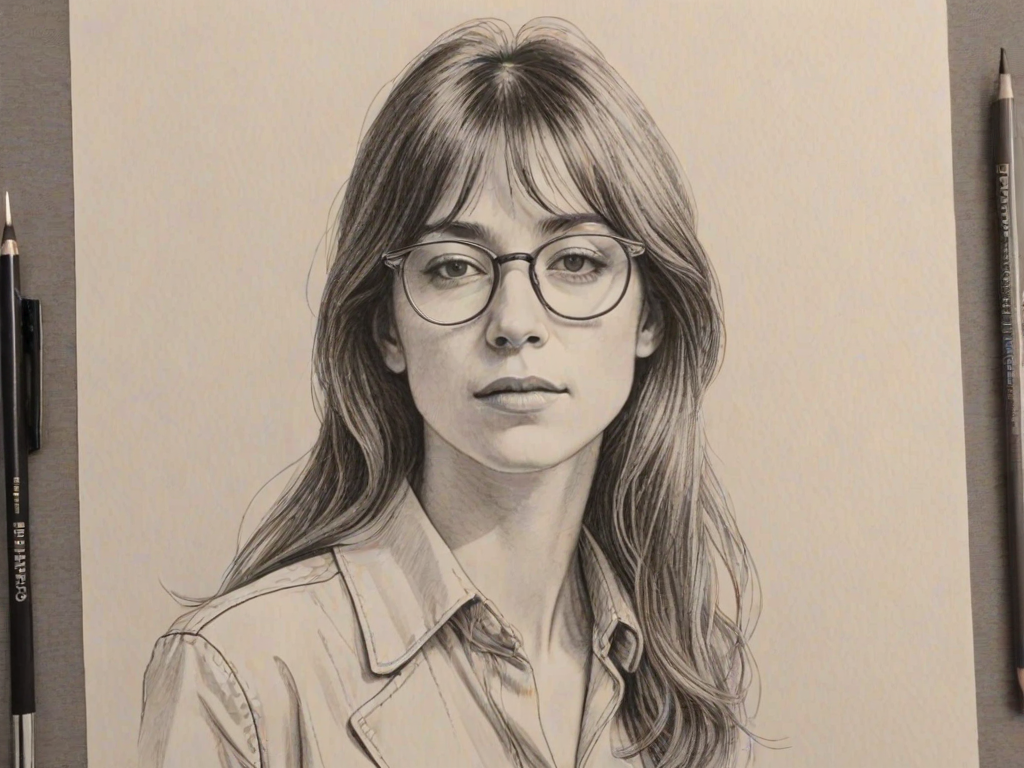 Elegant Charlotte Gainsbourg, pencil sketch, portrait of Magnificent woman 1972s in glasses, hair style beatnik, outline, clear lines, fine lines, 8k