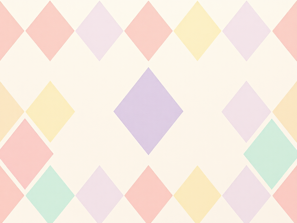 Create a seamless pattern of diamond shapes in pastel colors including light pink, lavender, soft yellow, and mint green on a creamy background, shot with a Canon EOS R5, aperture f/8, ISO 100, 35mm lens, top-down view, studio lighting for enhanced clarity and soft shadows.