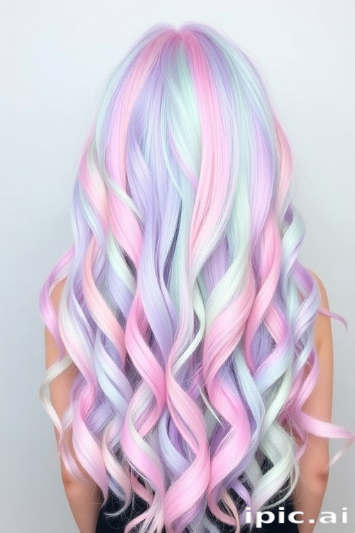 Ethereal pastel rainbow hair known as "Unicorn Dreams," cascades in long, loose curls from a center part, blending soft hues of pink, blue, lavender, and mint green in a seamless gradient, creating a whimsical and enchanting appearance