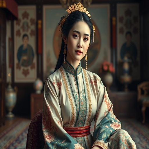 A beautiful Turkish woman in traditional East Asian attire, intricately detailed with embroidered patterns, sitting gracefully in a richly decorated room, soft ambient lighting, serene and elegant, ultra-realistic, 8K resolution