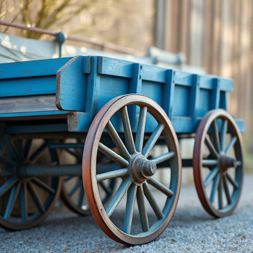 Create a high-resolution image of a vintage blue wooden cart with large spoked wheels, captured in natural daylight with a shallow depth of field, using a DSLR camera at f/4, ISO 100, and 50mm lens.