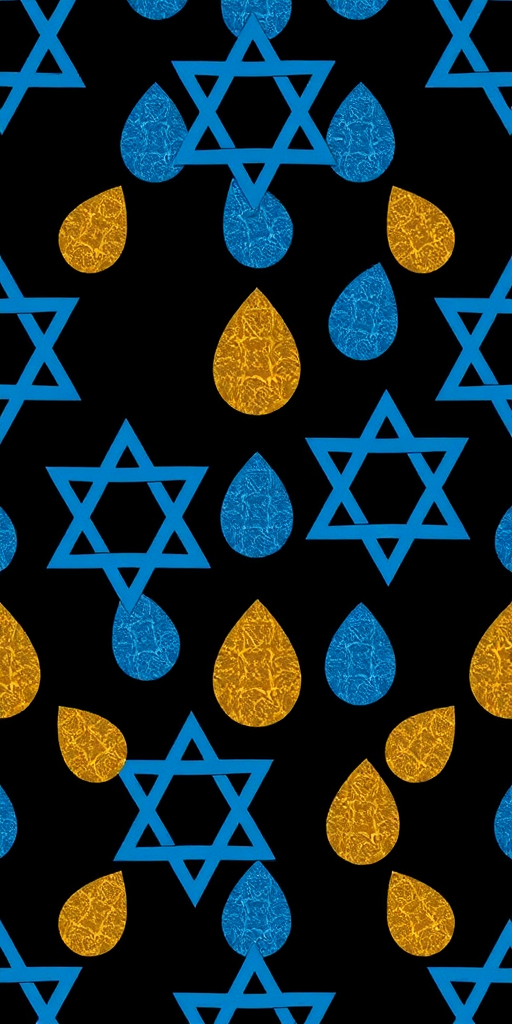 Create a seamless pattern featuring overlapping blue and gold Star of David symbols intertwined with teardrop shapes on a dark background, captured with a Canon EOS R5 at f/8, ISO 100, 50mm lens, top-down view, using a studio lighting setup for enhanced color vibrancy.