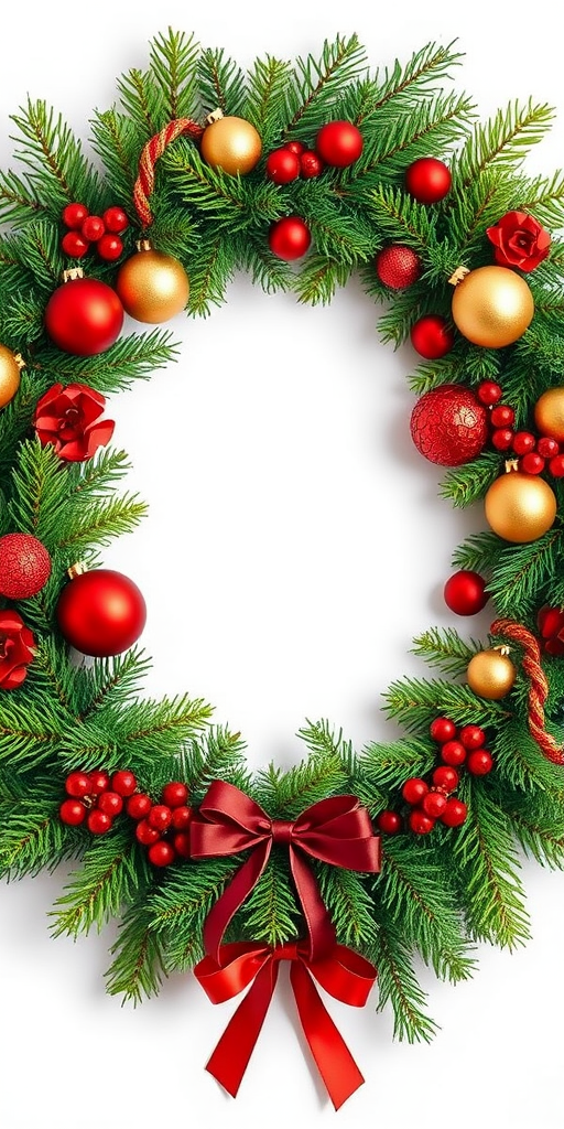 Create a festive holiday wreath with a variety of evergreen branches. Include red and gold ornaments, ribbons, and a central empty space for a message or photo. Ensure the composition is vibrant and conveys a warm, joyful atmosphere.