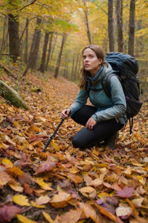 Secluded mountain trail, the ground covered in autumn leaves, a woman in hiking boots pauses to take a deep breath, her camera around her neck, ready to capture the landscape.