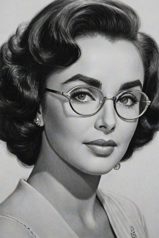 Enchanting Elizabeth Taylor, pencil sketch, portrait of Ravishing woman 1954s in glasses, hair style beatnik, outline, clear lines, fine lines, 8k