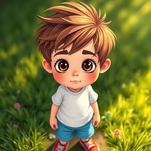 Create a vibrant and detailed illustration of a young boy with expressive oversized eyes and tousled brown hair, wearing a plain white t-shirt, blue shorts, and red sneakers, standing on a grass patch under soft sunlight, captured with a Canon EOS R5, 50mm lens, f/1.8 aperture, ISO 100, with a shallow depth of field to emphasize the character while blurring the background subtly.
