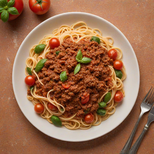 Create an image of a delicious plate of spaghetti topped with a rich meat sauce, including ground meat, tomatoes, and fresh vegetables. A fork should be twirling some pasta on the plate, which should be a simple white design. The background should be lightly blurred to focus on the dish, highlighting its appetizing colors and textures.