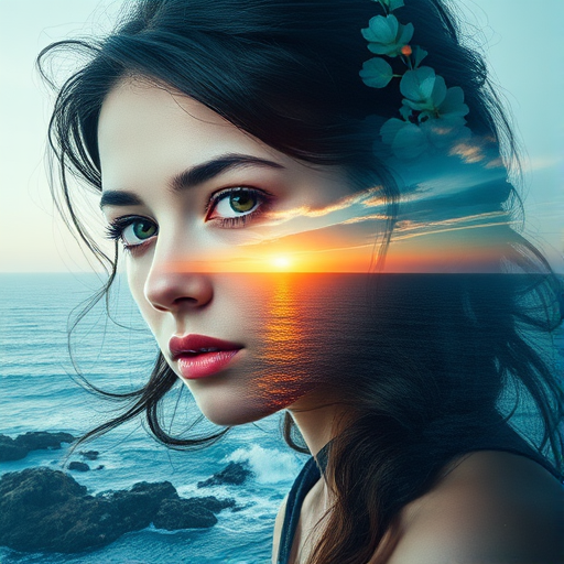 imagine Book cover, A surreal double exposure portrait that blends a woman's face with a beautiful seascape. The overall mood is dreamy and mystical, with rich colors and intricate details