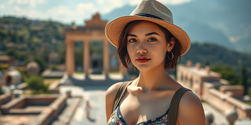 A young woman with short hair and a hat stands confidently in a scenic ancient site, soft focus with vibrant colors, using a Canon EOS R5, 50mm lens, f/1.8, ISO 100, natural light for enhanced depth and clarity.