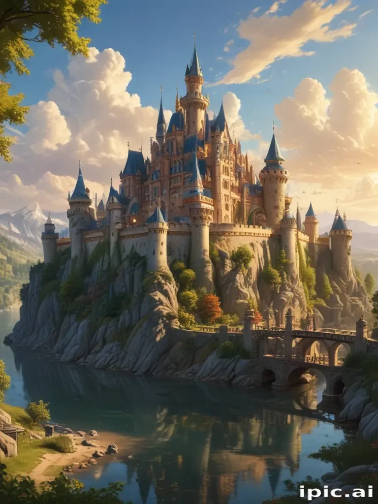 A Majestic Castle Surrounded by Mountains and a Serene River Scene.