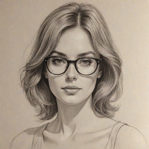 Beauteous Alana Austin, pencil sketch, portrait of Sublime woman 1972s in glasses, hair style beatnik, outline, clear lines, fine lines, 8k
