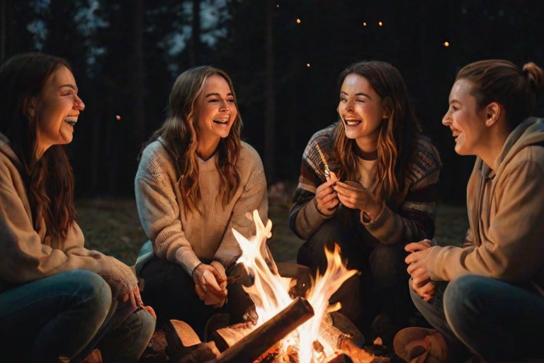 Warm, softly lit photo of a group of friends sitting around a campfire, soft glow from the flames illuminating their faces as they laugh and roast marshmallows, with stars faintly visible overhead.