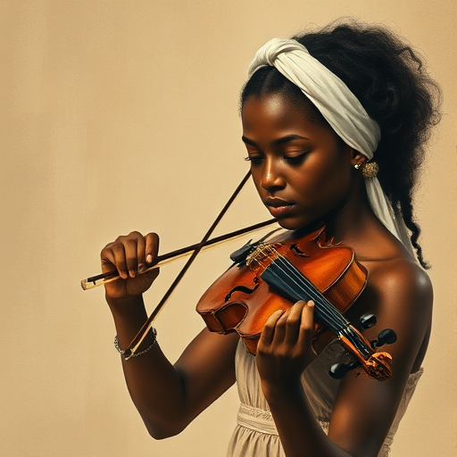 a young Afro-Caribbean woman with a white headband playing a violin, in the style of a charcoal drawing, sepia grunge background