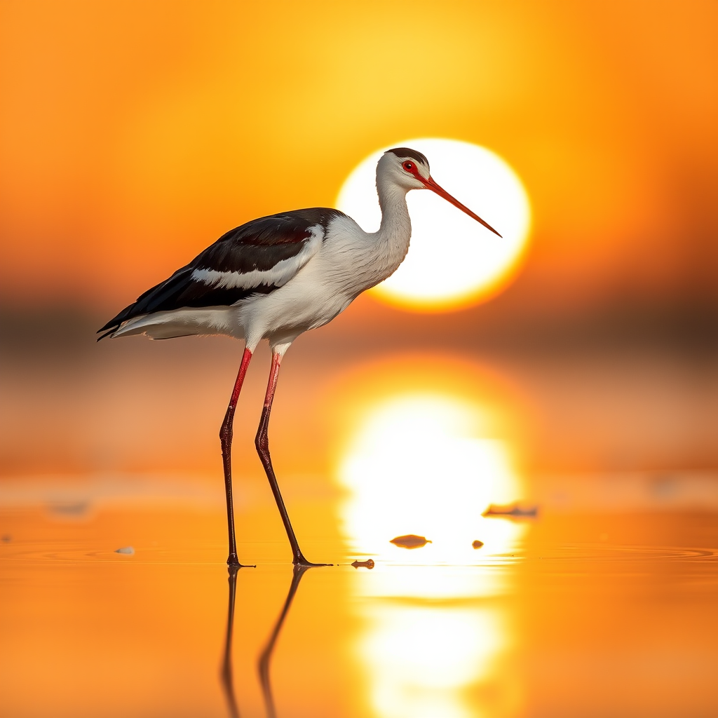 capture a black-winged stilt bird standing gracefully on a reflective surface at sunset with soft golden lighting using a Canon EOS R5, 85mm f/1.4 lens, with an aperture of f/2.8, shutter speed of 1/1000s, ISO 200, and a shallow depth of field to enhance image quality