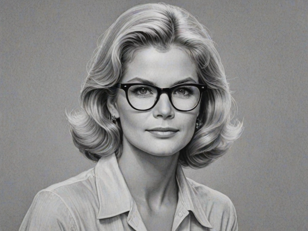Beauteous Candice Bergen, pencil sketch, portrait of Bewitching woman 1927s in glasses, hair style beatnik, outline, clear lines, fine lines, 8k