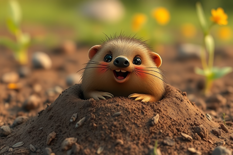 Create a cartoon-style image of a cute mole popping its head out of a pile of dirt, using a Canon EOS R5 with a 50mm f/1.2 lens, aperture set to f/2.8, ISO 100, and a vibrant color palette for enhanced quality.
