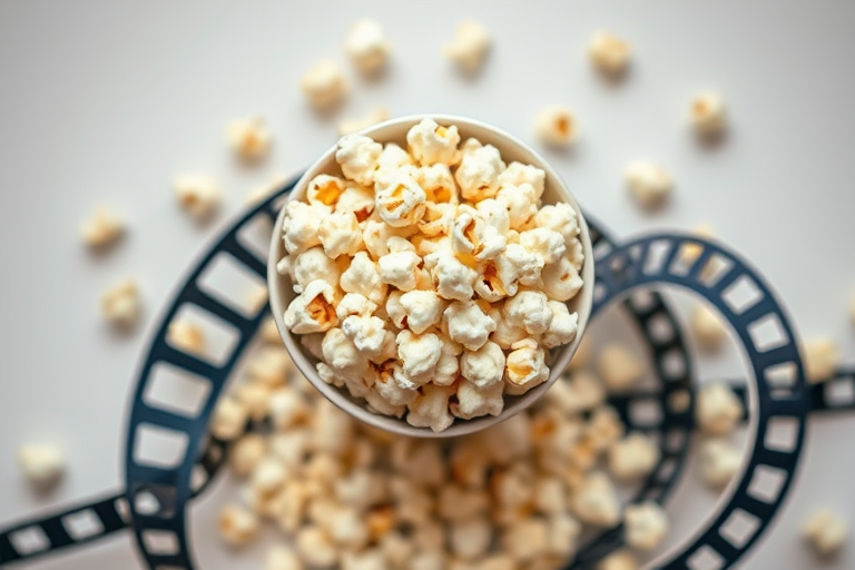Create an artistic composition featuring a bowl of popcorn with a colorful film reel design around it, using a DSLR camera with a 50mm lens, aperture f/2.8, ISO 100, shot from a top-down view to enhance detail and vibrancy.