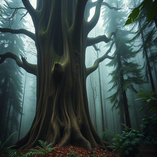 capture a majestic ancient tree in a misty forest, deep focus, ISO 100, f/8, 1/125 sec, wide-angle lens, soft natural light, DSLR