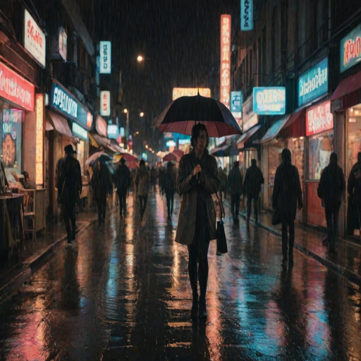 Crowded city street at night, the neon lights of shops and signs glowing against the wet pavement, a woman walks quickly, her umbrella shielding her from the rain.