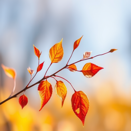 Create a high-resolution watercolor illustration of a delicate branch with leaves in warm autumn colors, captured with a full-frame DSLR camera at f/2.8, ISO 100, 1/200s, using a macro lens and natural light to enhance detail and color vibrancy.