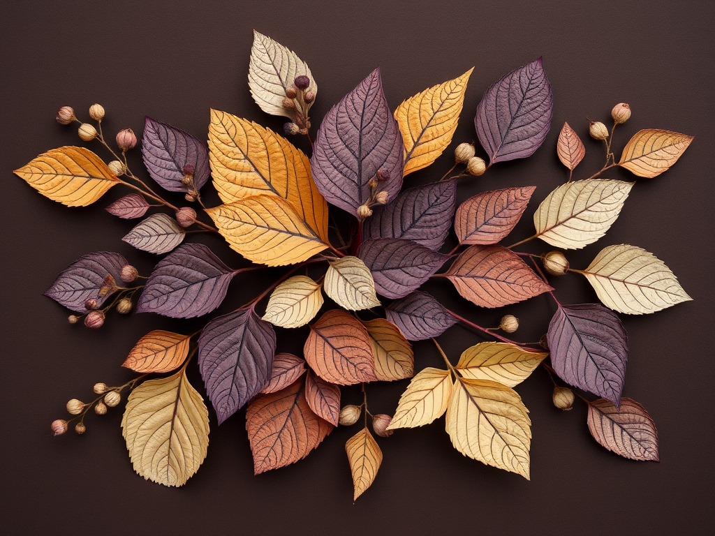 Create a botanical illustration featuring diverse leaves in shades of purple, gold, and white on a dark brown background, using a Canon EOS R5, 50mm lens, f/2.8 aperture, 1/125 sec shutter speed, top-down view for clarity and detail.