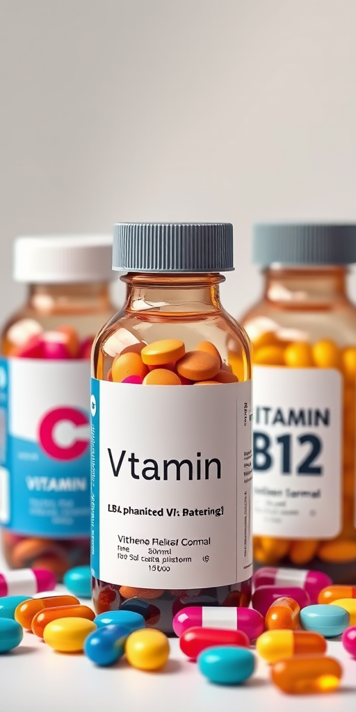 Create an illustration of three different vitamin bottles, one labeled Vitamin C, one labeled Vitamin B12, with colorful pills in and around the bottles, captured with a Canon EOS 5D Mark IV, f/8 aperture, 50mm lens, ISO 100, in a well-lit studio setting with a soft-focus background for depth.