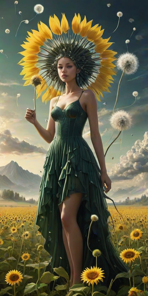 A surreal allegory featuring ethereal fairies, towering sunflowers, and an enigmatic witch, all set within a dreamlike landscape. The scene is dominated by a colossal dandelion, its delicate seeds floating through the air, reminiscent of Yves Tanguy's abstract forms. The environment is a blend of otherworldly elements and natural beauty, with twisted, elongated shapes and surreal colors that evoke a sense of mystery and enchantment.