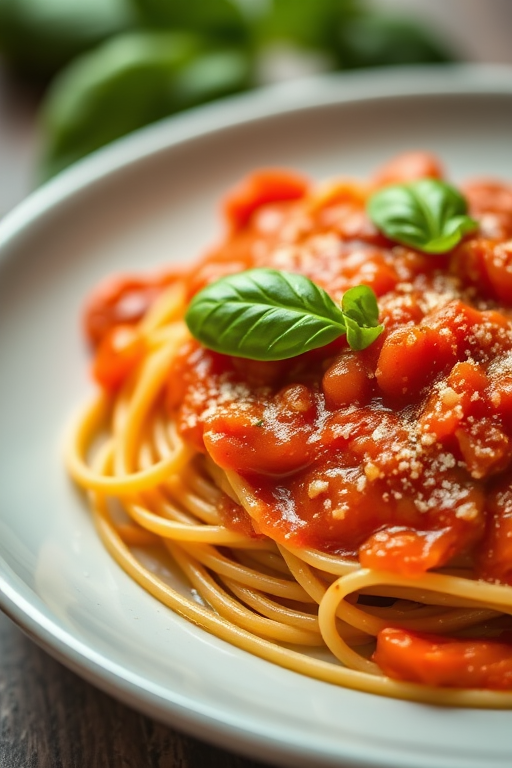 Capture a close-up of a plate of spaghetti with rich tomato sauce and fresh basil, natural light, f/2.8 aperture, 50mm lens, ISO 100, soft focus background, shallow depth of field, DSLR camera.