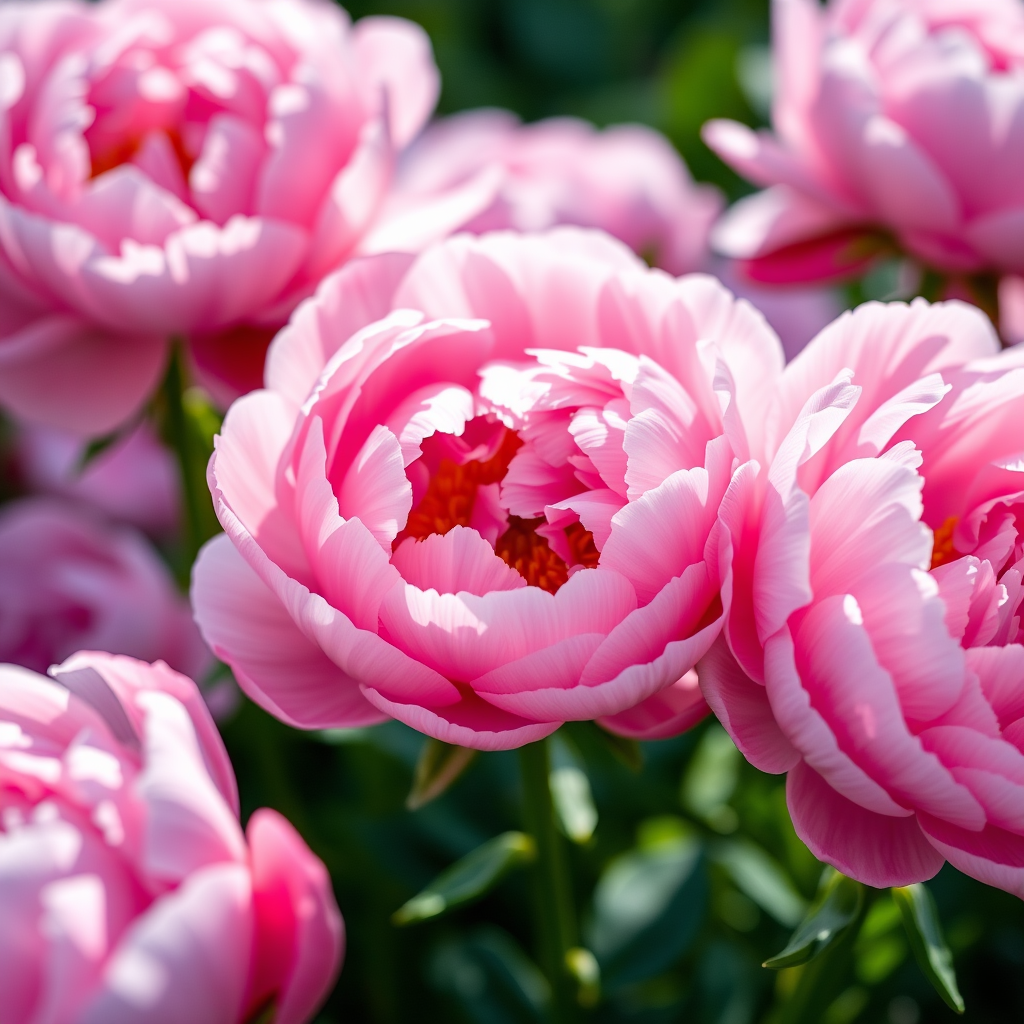 macro photography of blooming peonies with soft natural lighting, f/2.8 aperture, 50mm lens, ISO 100, depth of field focused on petals, high dynamic range for vibrant colors, Canon EOS R5