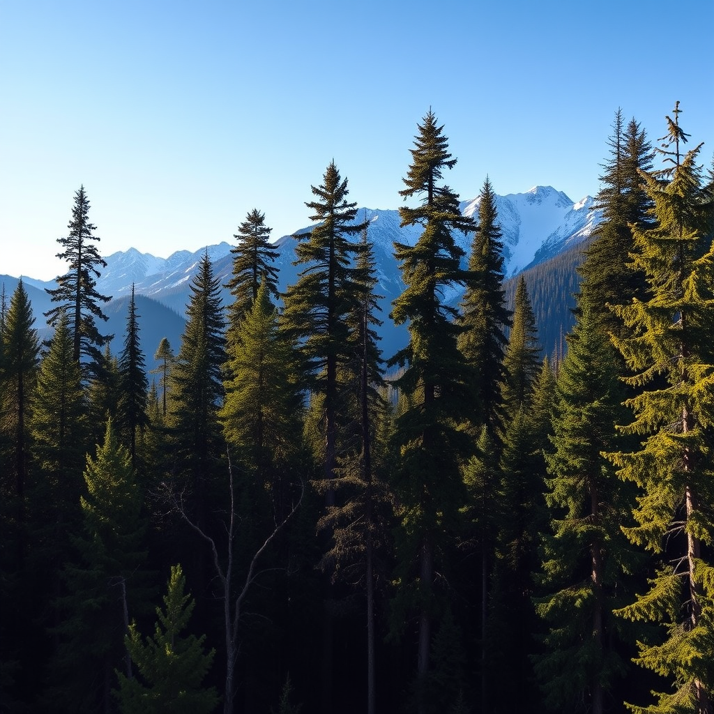 generate a lush forest landscape with towering trees and majestic snow-capped mountains in the background under a clear blue sky, captured with a DSLR camera at f/8 aperture, ISO 100, 24mm focal length, with a wide-angle view for enhanced depth and clarity