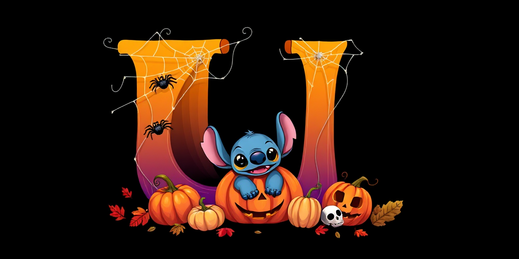 A whimsical and vibrant Halloween-themed digital illustration featuring the letter "U" adorned with spider webs, small bats, and cute spiders. At the base of the letter, a playful alien character similar to Stitch is peeking out from inside a carved pumpkin with glowing eyes, surrounded by additional pumpkins, a small skull, and autumn leaves. The letter is gradient-colored from orange to purple, adding a magical atmosphere to the scene, black background