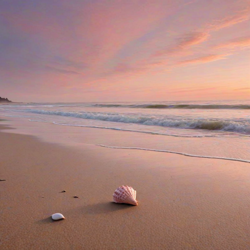 Sharp, high-resolution image of a deserted beach at dawn, soft pink and orange hues painting the sky, gentle waves lapping at the shore, a lone seashell resting on the sand, distant seagulls flying overhead, the peaceful stillness of the early morning captured.