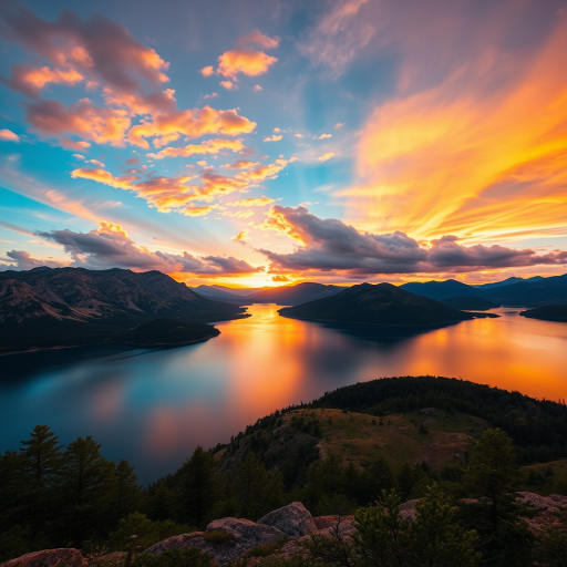 Create a vibrant sunset over a serene lake surrounded by mountains, reflecting colorful clouds, captured with a DSLR camera at f/11, ISO 100, 1/125s, landscape view, using a wide-angle lens.