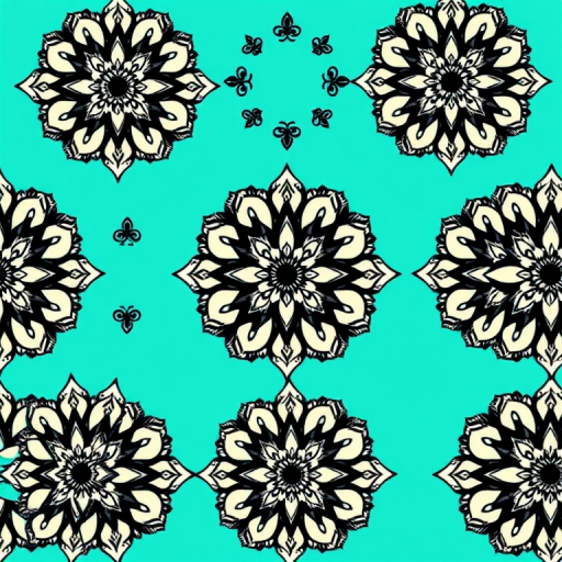 Create a seamless pattern of intricate floral mandalas in cream and black, set against a turquoise background, shot with a Canon EOS R5, 50mm lens, f/2.8 aperture, 1/125 second shutter speed, ISO 100, top-down view, high resolution for detailed texture and color clarity.