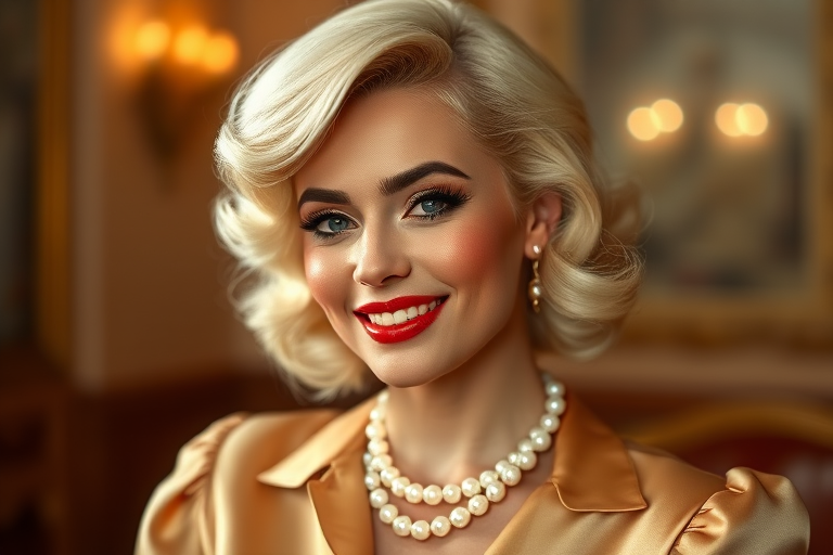 A beautiful Hispanic woman reminiscent of 1950s Hollywood glamour, with perfectly styled blonde hair and a seductive smile, dressed in a satin blouse and adorned with pearls, soft and warm tones, photorealistic, 8K