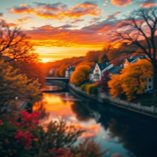 Create a vibrant autumn landscape at sunset featuring colorful trees, a serene river reflecting the colors, charming buildings along the shore, with a bokeh effect; use a DSLR camera with a 50mm lens, aperture f/1.8, ISO 100, and shutter speed 1/125s for enhanced sharpness and depth of field.