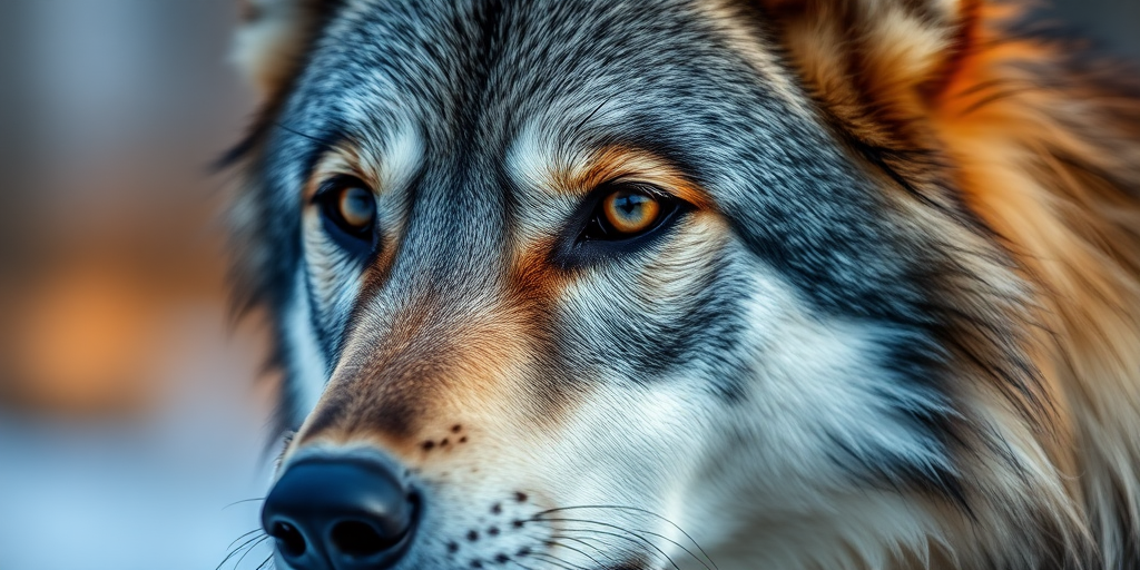 Regenerate a close-up image of a wolf with soft focus, using a DSLR camera, 50mm lens, aperture f/1.8, ISO 200, natural lighting, and a shallow depth of field to enhance image quality.