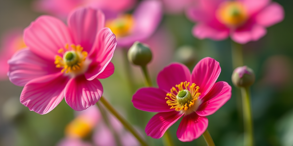 high-resolution image of colorful anemone flowers in a soft focus background, macro lens, aperture f/2.8, shutter speed 1/200s, ISO 100, natural lighting, DSLR camera, vibrant colors, ensure detailed textures and sharpness