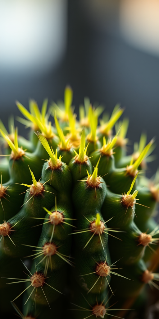 close-up shot of a cactus with vibrant green spikes, shallow depth of field, natural light, macro lens, f/2.8, 1/200s, ISO 100, Canon EOS R5