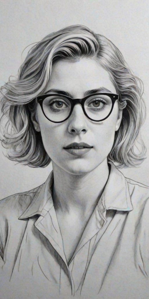 Graceful Greta Gerwig, pencil sketch, portrait of Radiant woman 1951s in glasses, hair style beatnik, outline, clear lines, fine lines, 8k