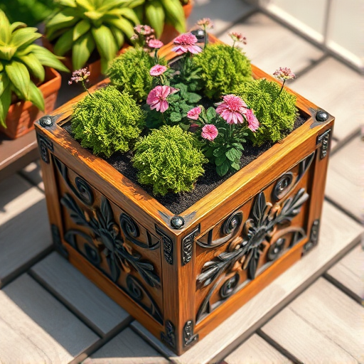 Create a detailed 3D rendering of a wooden planter box with intricate metal designs, utilizing a DSLR camera with a 50mm lens, aperture set to f/1.8 for shallow depth of field, ISO 200, and 1/125 sec shutter speed, with a top-down view to emphasize the planter's features and textures, in natural light to enhance colors and shadows.
