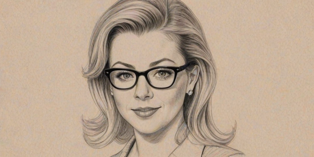 Charming Melissa Joan Hart, pencil sketch, portrait of Exquisite woman 1954s in glasses, hair style beatnik, outline, clear lines, fine lines, 8k