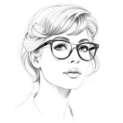 Beautiful Sophia Loren, pencil sketch, portrait of beautiful woman 60s in glasses, hair style beatnik, outline, clear lines, fine lines, 8k