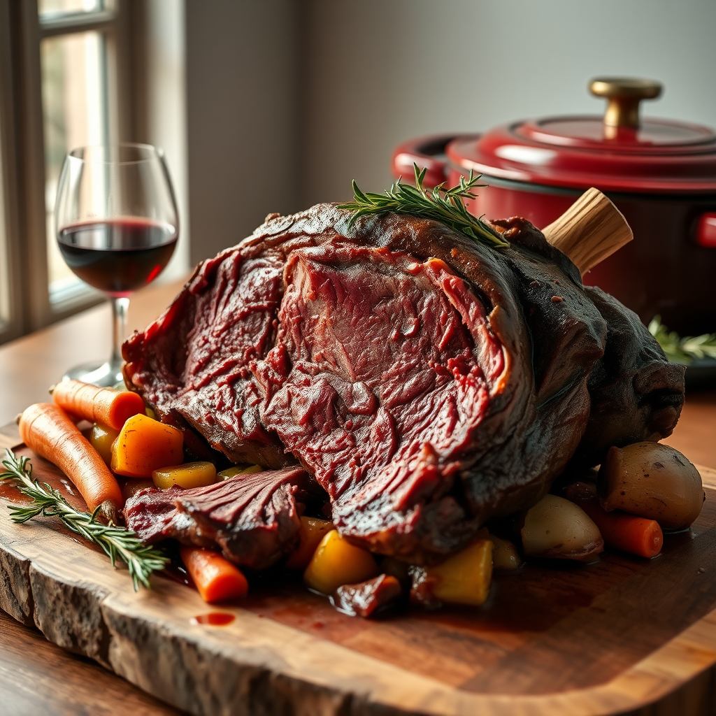 Soft, diffused natural light from a large window on the left, with a white reflector on the right for fill. 45-degree angle view, shallow depth of field focusing on the succulent meat. A tender beef roast, marinated and slow-cooked in Barolo wine, presented on a rustic wooden board. The meat is falling apart, glistening with a rich, deep red wine reduction sauce. Surrounding the roast, a colorful mirepoix of carrots, onions, and celery, their edges caramelized and infused with the wine's flavor. A small bunch of fresh rosemary and thyme as garnish. In the background, a half-filled glass of Barolo wine and a Le Creuset Dutch oven, hinting at the cooking method. 8K resolution, photorealistic rendering with intricate textures of the meat fibers and vegetable pieces.
