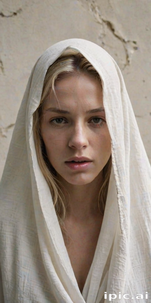 Create a close-up photographic image of the head and torso of a person with light skin tones shown against an old, worn wall. Their head is wrapped in a white cloth covering (i.e.... parts of the head except the nose and mouth, which are open as if they are screaming...), with a slight texture and visible folds in the fabric. Thin strands of blonde hair escape from the wrapping above, falling lightly at the top and sides. Their hands hold the fabric as if they are tugging nervously. The lighting is dramatic and even, casting strong shadows. The image has a minimalist and surreal style with an emphasis on simplicity with soft color tones. The composition is centered.