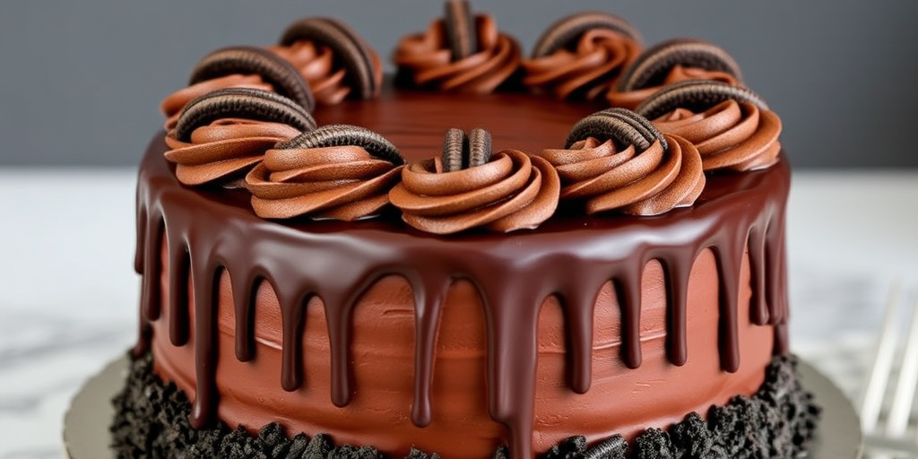 Chocolate Oreo cake with a smooth chocolate ganache drip on the sides topped with swirls of chocolate frosting and whole Oreo cookies arranged around the top edge, with crushed Oreo crumbs on the base.