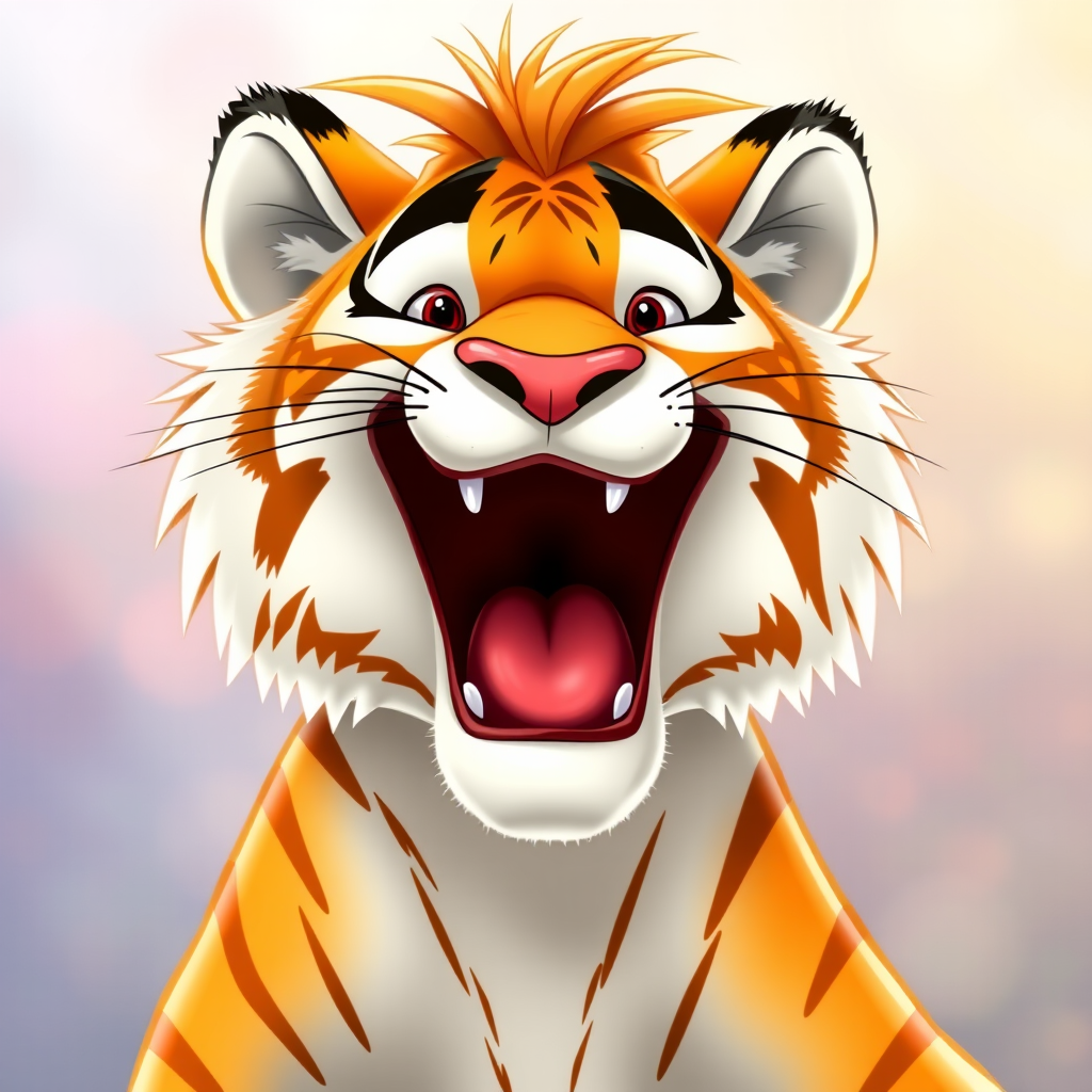 Disney style, cartoon illustration of an orange and white tiger with messy hair smiling very wide open mouth showing, in the Disney Pixar animation style, in the style of Don Bluth, full teeth body, with a very detailed face, very detailed eyes, very detailed fur, full color, very colorful, with a very colorful background, soft pastel colors, high resolution, high quality, high detail, hyper realistic