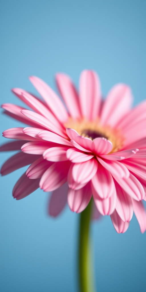 Close-up of a delicate pink gerbera daisy against a soft blue background, using a DSLR camera with a 100mm macro lens, aperture f/2.8, ISO 100, shutter speed 1/200s, natural light for depth and detail.