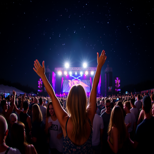 Crowded music festival under the stars, the stage lights illuminating the night, and a woman dancing with friends, her arms in the air as music pulses through the air.