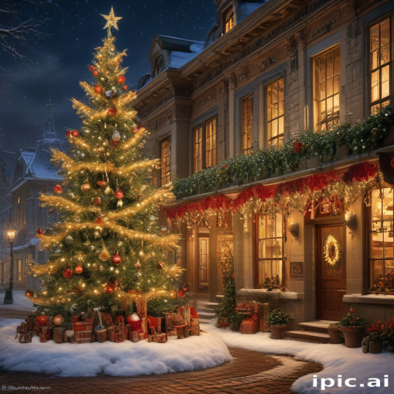 Charming Winter Scene with a Decorated Christmas Tree and Snowy Street
